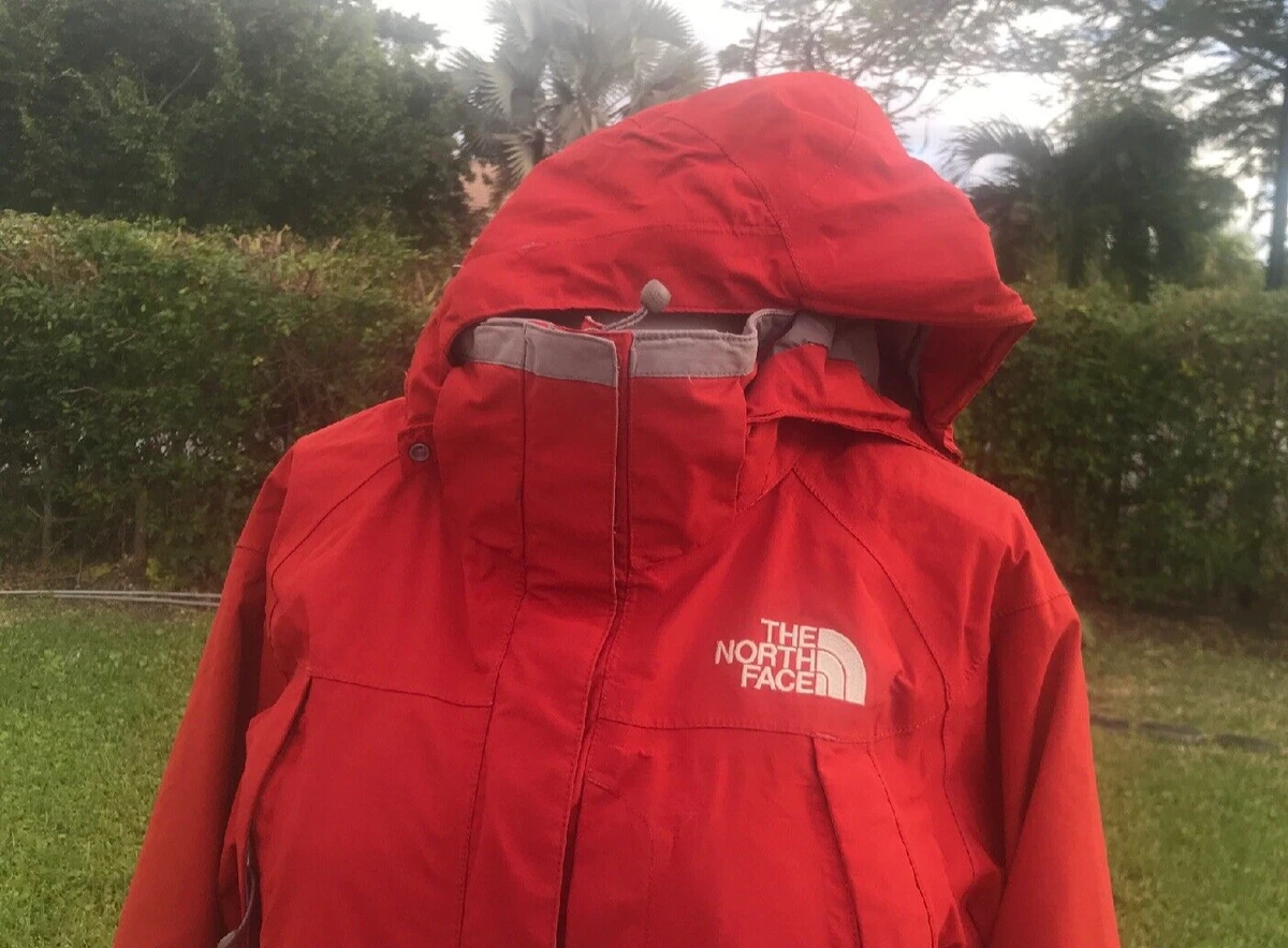 THE NORTH FACE GORE-TEX RED & GRAY HOODED NYLON LIGHT WINDBREAKER JACKET Sz M