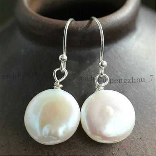 Huge 13-14mm Natural White Flat Coin Freshwater Pearl Dangle Hook Earrings