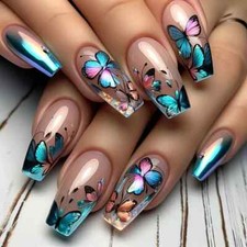 24pcs Ballet Press-On Nails, Medium Length, Glossy, Colorful Butterfly Design