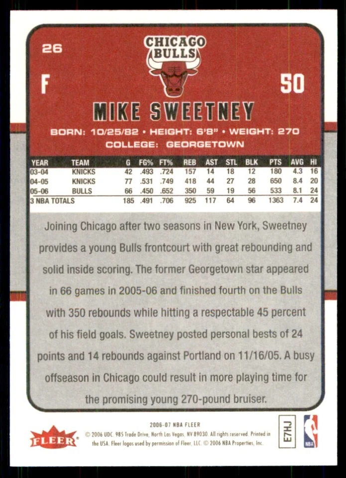 2006-07 Fleer Mike Sweetney Chicago Bulls #26 - Image 2 of 2
