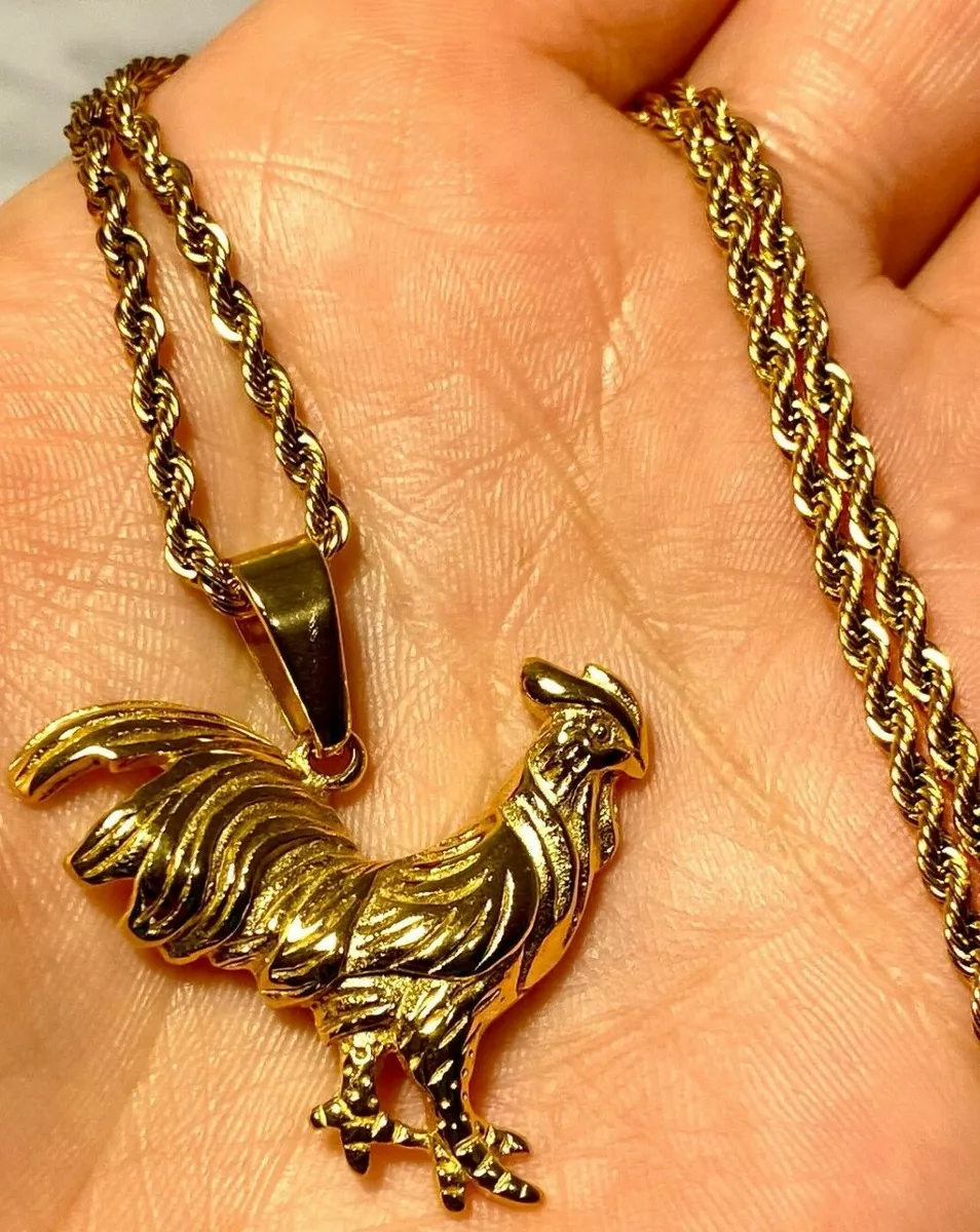 Men s 14k Gold Chicken Rooster Gallo de oro Real Pendant Rope Chain Necklace