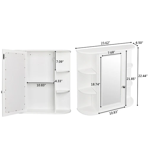 3-tier Single Door Mirror Indoor Bathroom Wall Mounted Cabinet Shelf White US - Picture 14 of 16