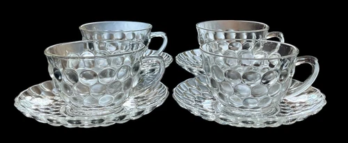 Set of 4 Vintage Anchor Hocking Bubble Bullseye Clear Cup & Saucer Sets EUC