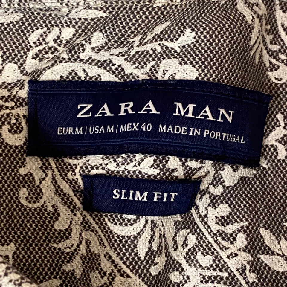 Zara Shirt Mens Medium Slim Fit Gray Paisley Print Cotton Button Down Short Slee Foto 3 de 4