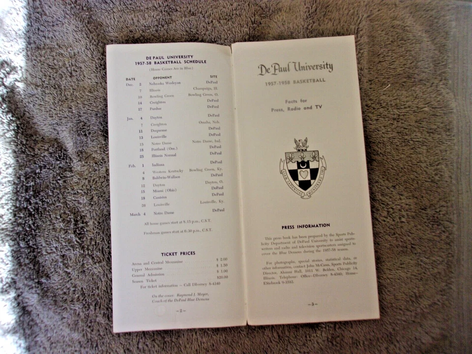 1957-58 DEPAUL BASKETBALL MEDIA GUIDE Yearbook RAY MEYER Press Book Program 1958 - Image 3 of 4