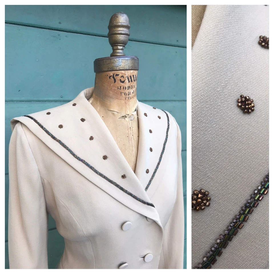 Traje de Vestido Falda Doble Pecho Beige Tostado Gabardina Cuentas Años 50 Vintage Años 50 S Foto 3 de 4