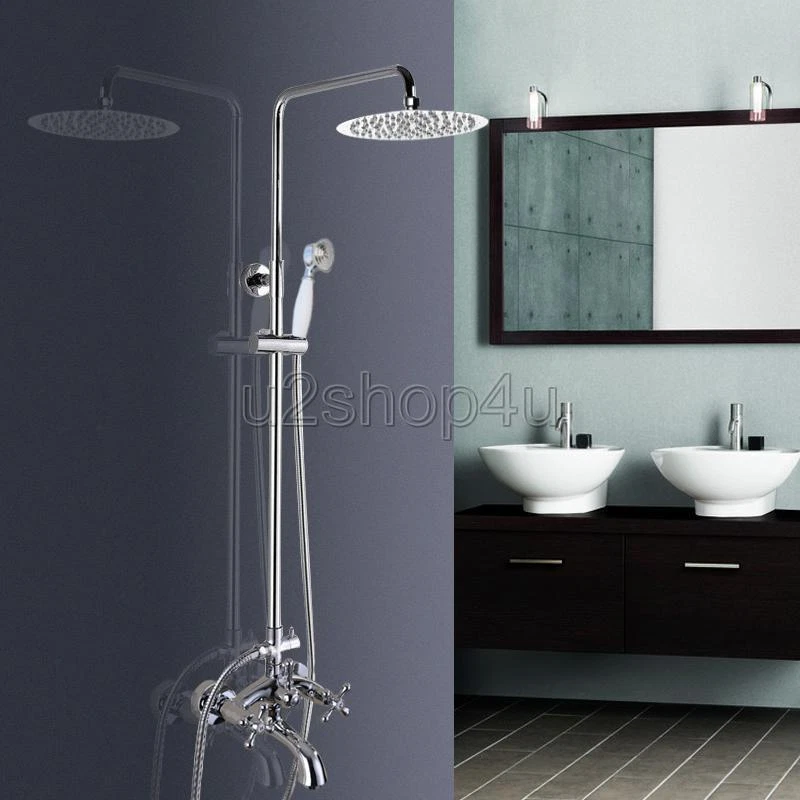 Wall Mounted Chrome 8" Rainfall Bathroom Shower Head & Hand Shower Tub Mixer Tap