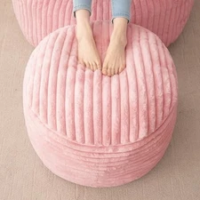  Round Stuffed Pouf Ottoman, Stripe Faux Fur Poufs with Foam Chunk 20 inch Pink