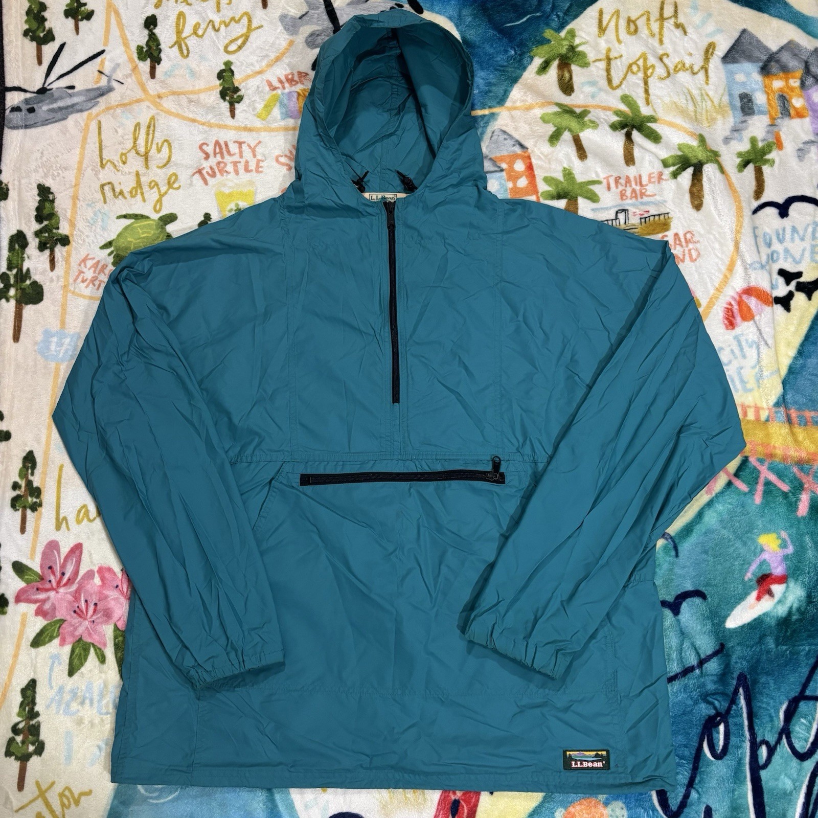 Vintage LL Bean Anorak Jacket Teal Blue 1/4 Zip Wind Breaker Nylon USA Men Large