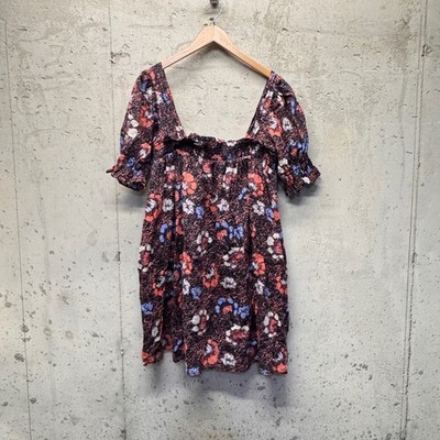 Cleobella Floral Mischa Mini Dress Womens L Black Organic Cotton Smocked Boho