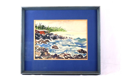 Vintage Coastal Scene With Rocks Ocean Watercolor Painting Signed Nancy M Kirk