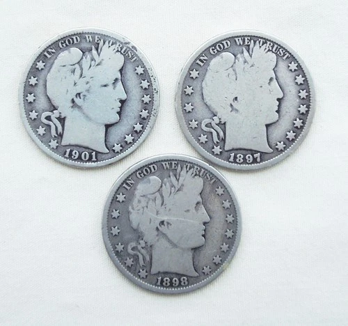 Lot of 3 Barber Half Dollars 1897, 1898 & 1901