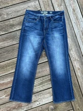 BKE Derek Bootcut Jeans 33S Buckle Dark Blue Wash sz 33x29 Whiskered Boot Fit