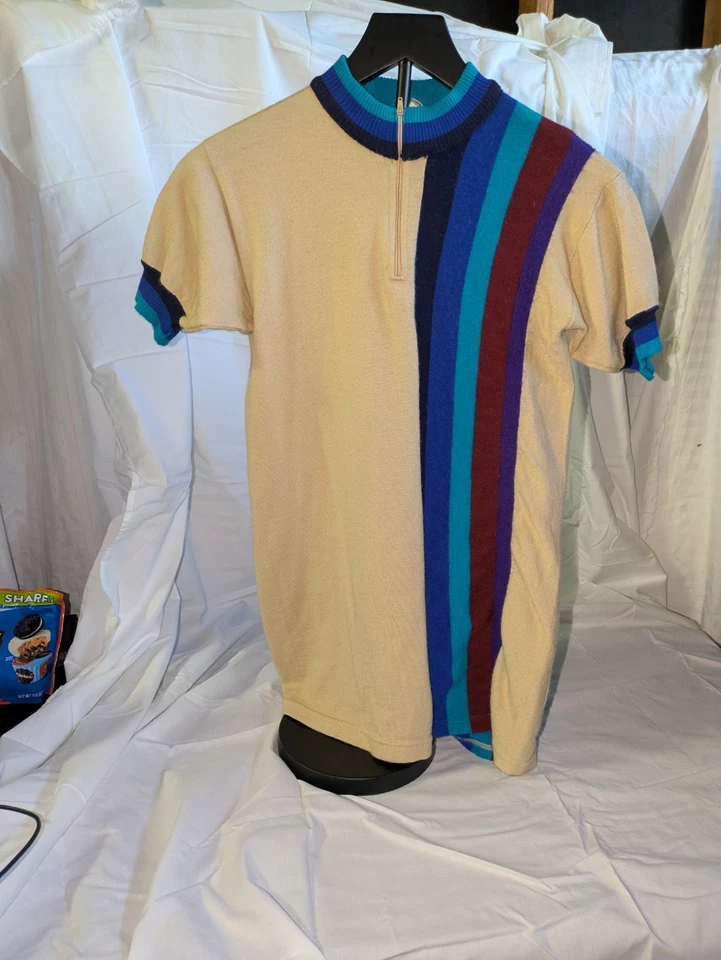 Camiseta deportiva de ciclismo de lana profesional vintage a rayas multicolores 1/4 cremallera para hombre Foto 2 de 4