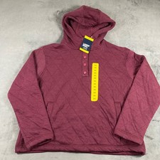 Lands End Quilted Pullover Hoodie Burgundy Red Snap Neck Sweatshirt Womens M
