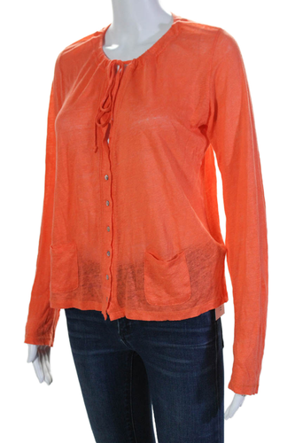 Majestic Paris Womens Linen Long Sleeve V Neck Button Up T Shirt Orange Size 3 - Picture 2 of 5