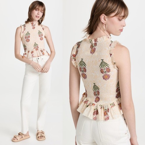 Alix of Bohemia Anjou Bijou Top shirred floral soft ruffle retro yellow Size XS