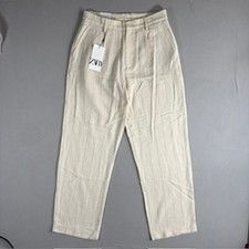 Zara Women's Cream Pinstripe Cotton Blend Straight Leg Trousers Size S NWT