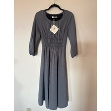 J.ING Women Black White Micro Check Smocked Waist Midi Dress Puff Sleeve XS NWT