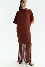 H&M Fringe-Hem Dress Short Sleeve Boho Kaftan Style 1315292002 S&L (Rust Red)