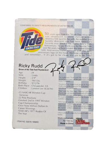 Racing Champions Tide Racing Team # 10 Ricky Rudd Edición Coleccionista 1996 - Imagen 2 de 5