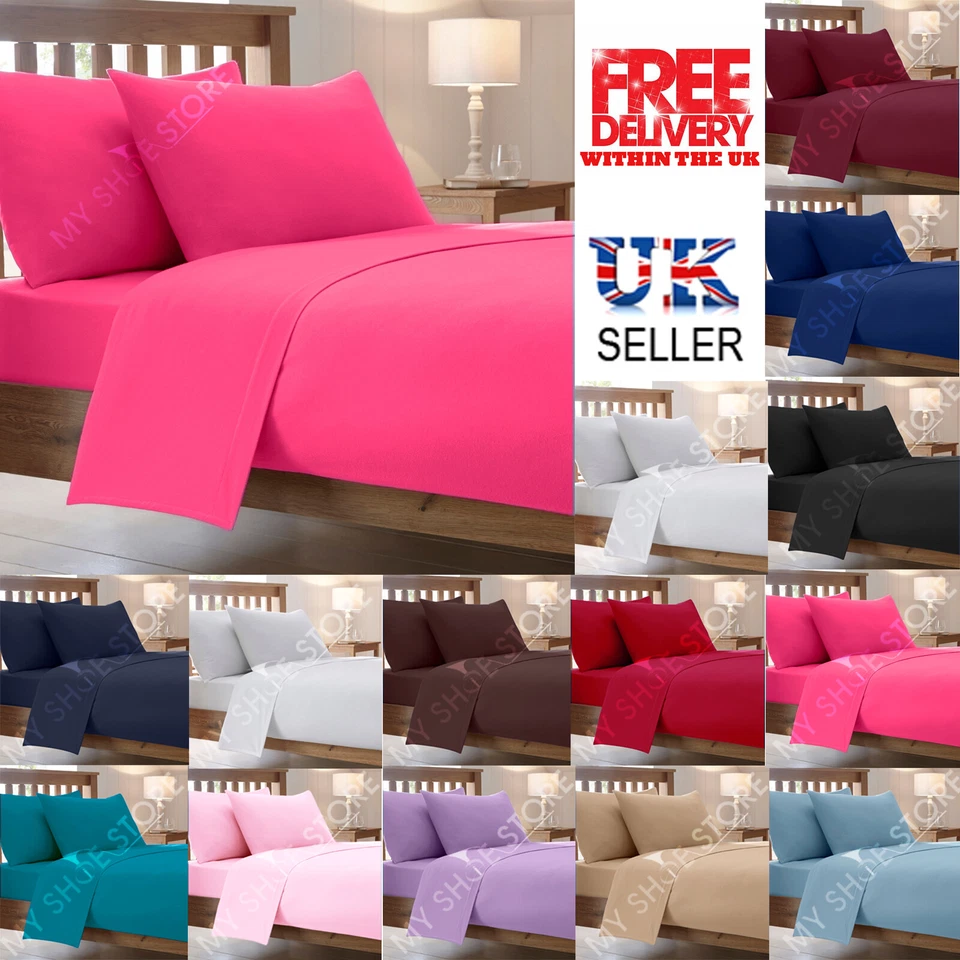 LUXURY COMBED POLY COTTON FITTED FLAT BED SHEETS PERCALE PLAIN BEDDING PILLOW