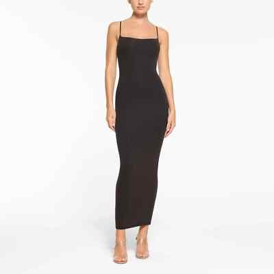 skims black ribbed dress SKIMS Black Soft Lounge Long Slip Dress