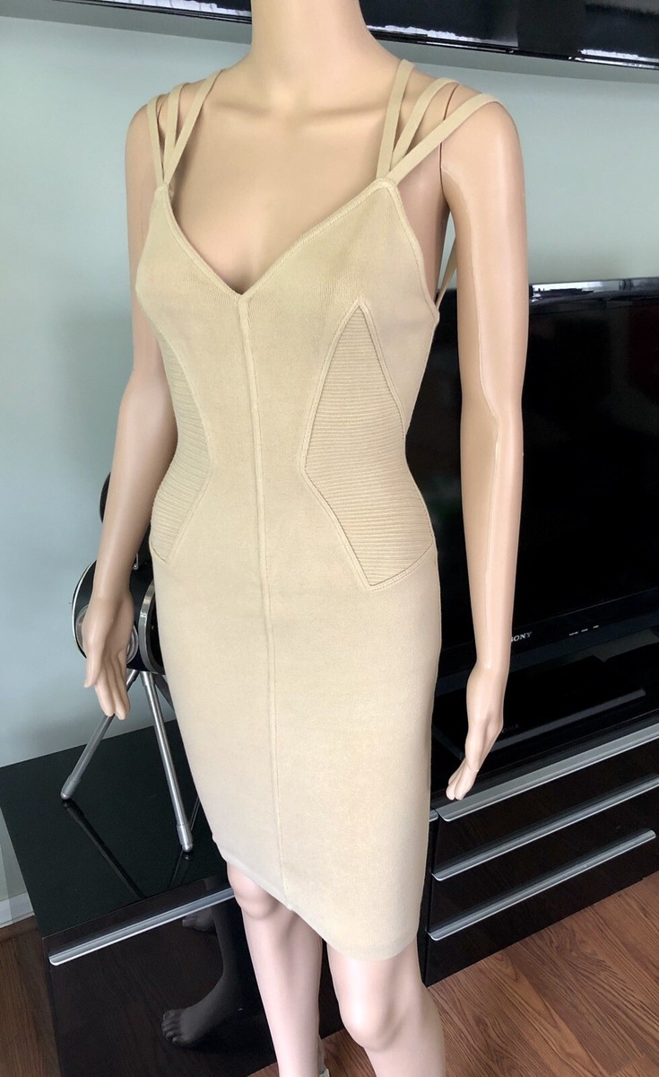 azzedine alaia bodycon dress Vintage 1992 Azzedine Alaia Runway Striped Stretch Knit Cold-Shoulder  Bodycon Mini Dress main image 1
