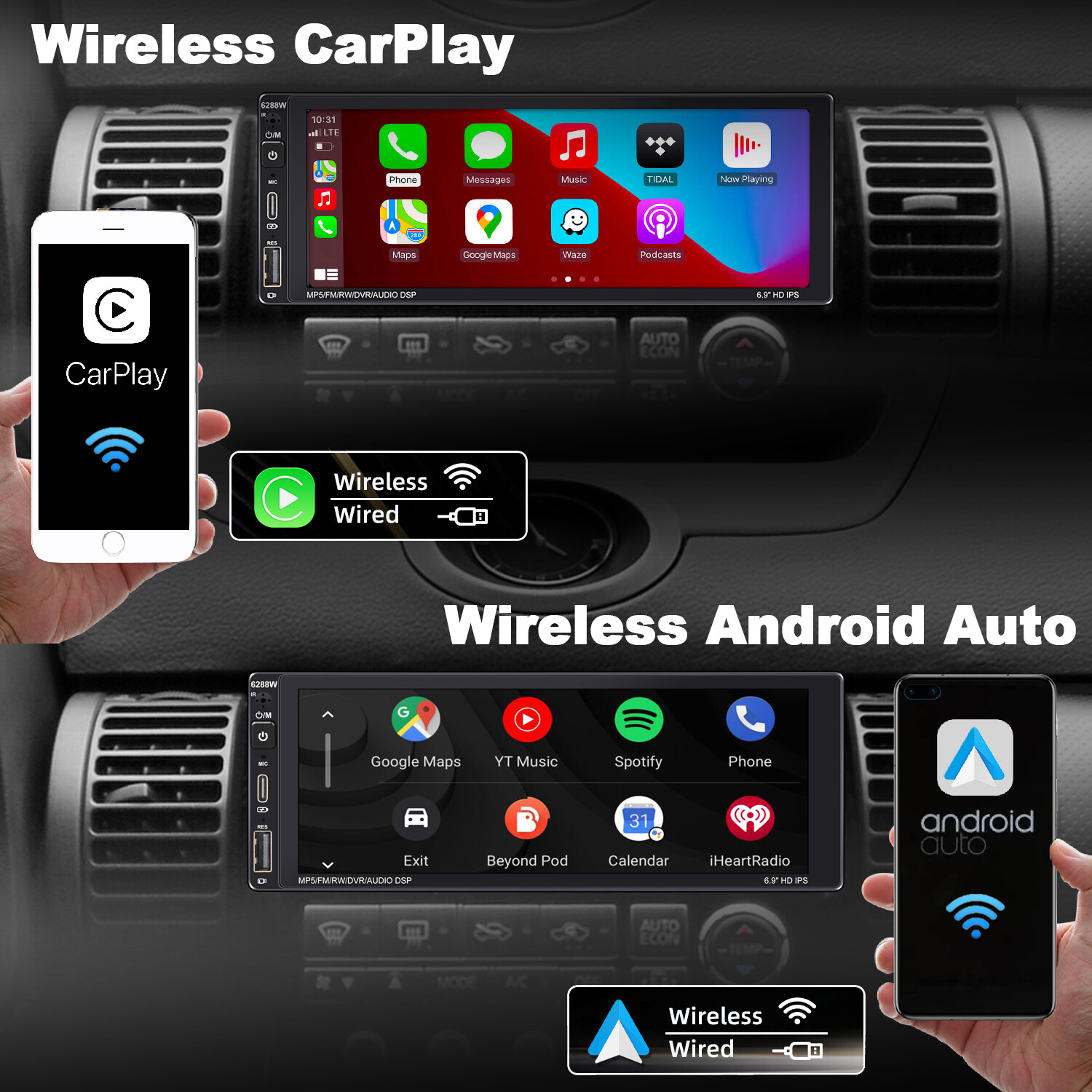 Single Din Car Stereo Wireless Apple CarPlay 6.9 touchscreen Bluetooth