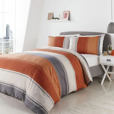 Fusion Betley Wide Stripe Spiced Orange and Grey Duvet Quilt Cover Bedding Set