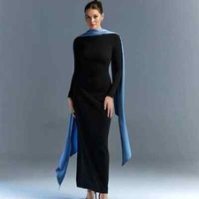 Evening Dress Long Sleeves Sheath Back Slit with Blue Shawl Formal Banquet Gowns