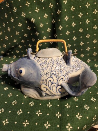  Hand Painted Blue & White Fish Teapot Figurine 8" long, good condition  - Picture 1 of 9