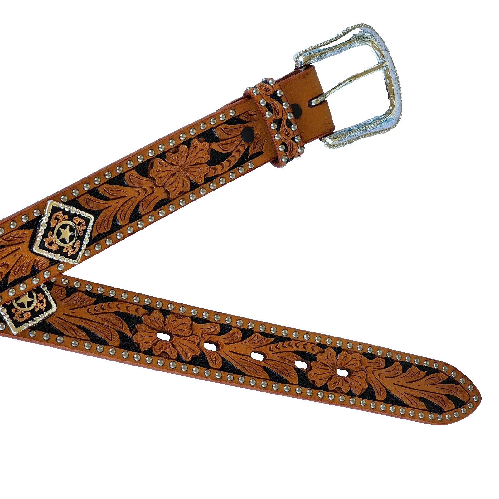 Western Leather Belt Tooled Floral Saddle Tan Ranger Rodeo Studded Size 34