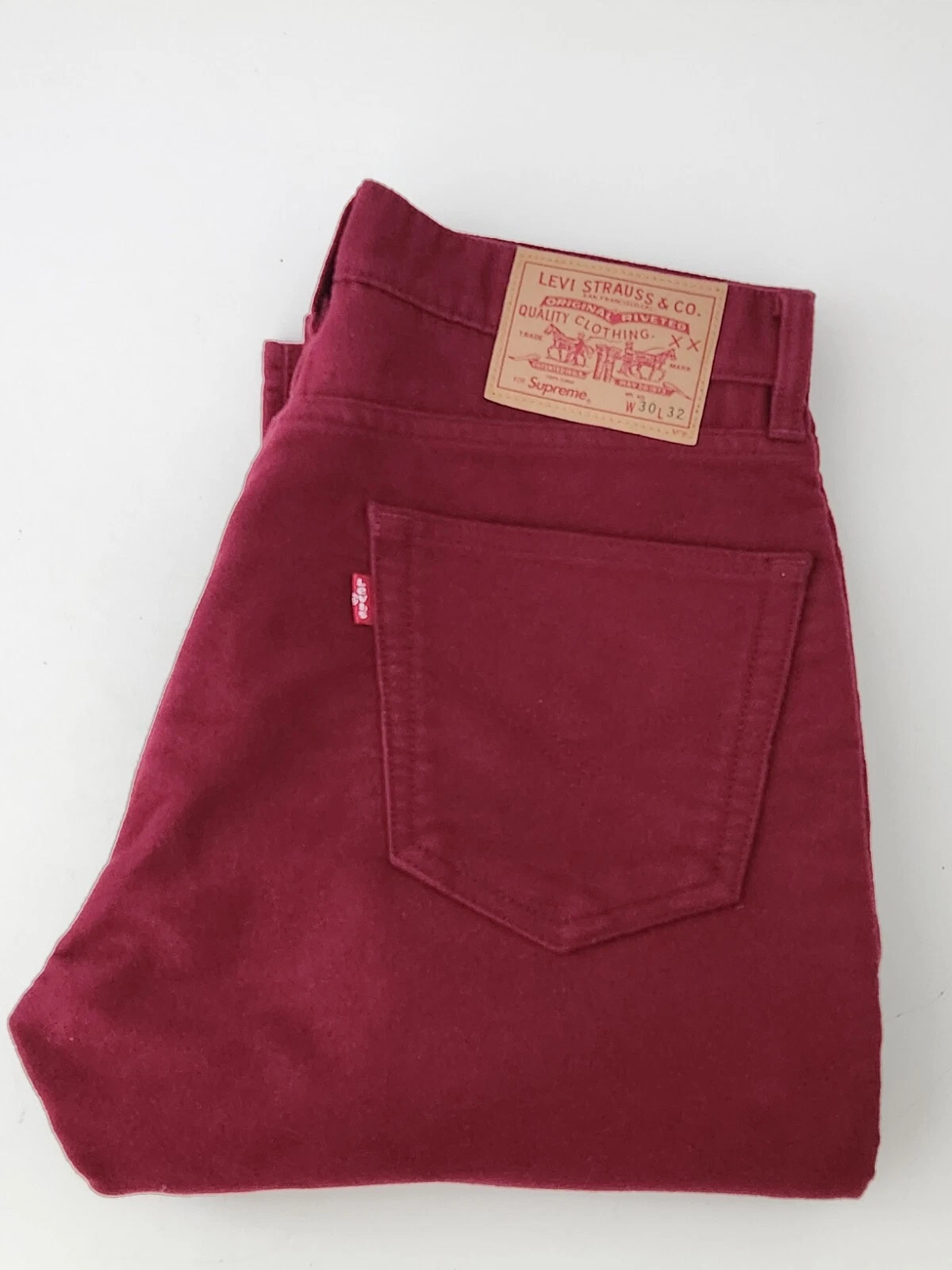 FW15 Supreme x LEVI'S Moleskin 505 jeans size W30 L32 Burgundy Levis Jean Rare