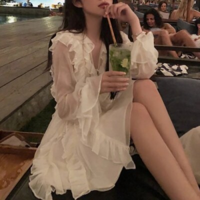 V Neck White Dress Mini Female Sweet Ruffles Boho Short Chiffon Beach  Dresses | eBay