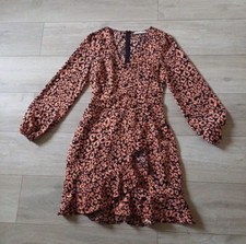 Oasis Black & Orange Abstract Print Flared Dress Fixed Wrap Frilled Flippy UK8