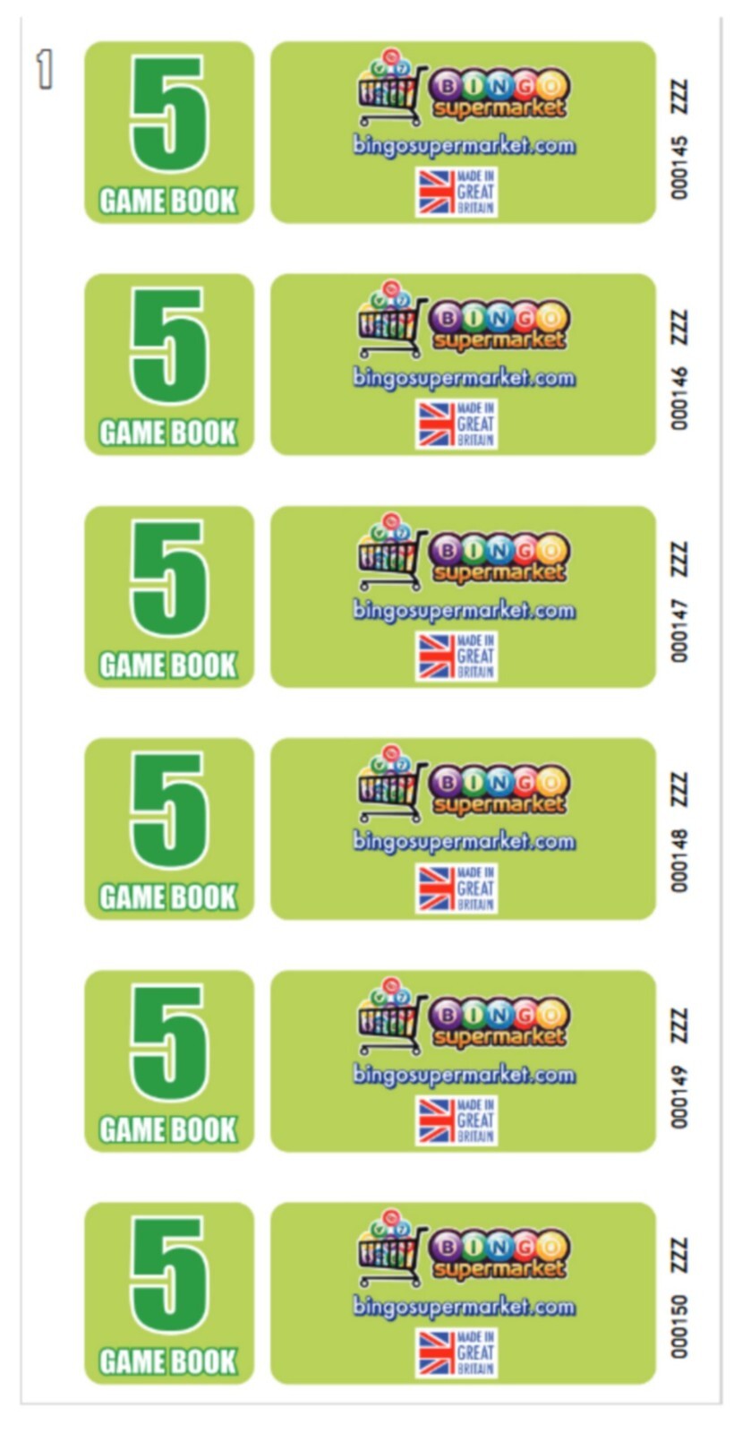 600 5 Page Games Bingosupermarket Tickets 6 View 1-90 Bingo Cards Serial Numbers