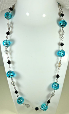Artisan Crafted Bead Necklace Blue Glass Lampwork Beads w/ Black & Silver Beads