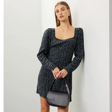MADEWELL Seamed Long-Sleeve Mini Dress in Ditsy Floral Black Blue {P53}