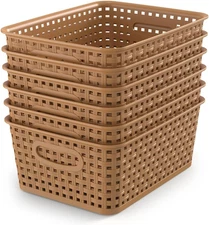 6Pack Small Plastic Shelf Storage Weave Baskets Light Brown Organizer