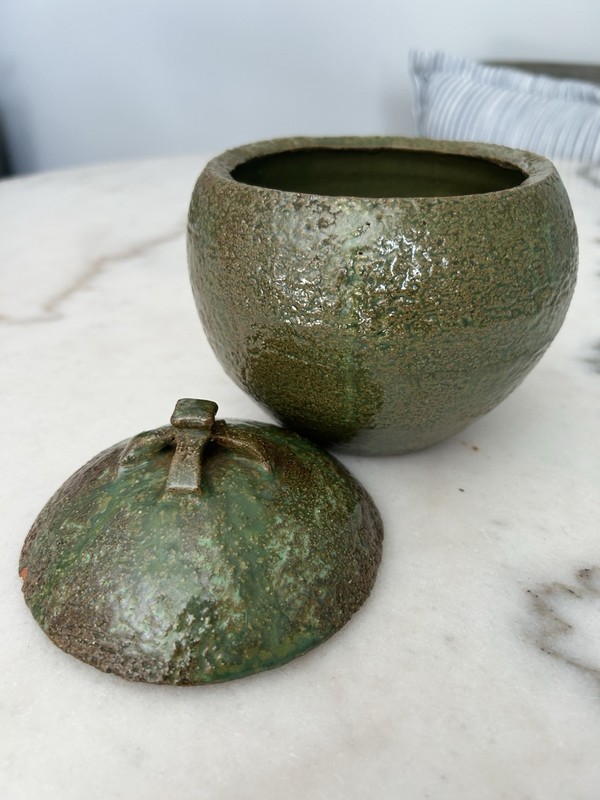 Stoneware pottery lidded jar with green salt glaze
