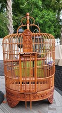 Vintage Large Chinese Hand Carved Bamboo Birdcage With Porcelain Bowls 26 X 14"