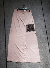 Miss Selfridge Pink Satin Long Maxi Skirt Black Lace Panel Slit UK 12