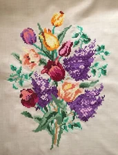 Vintage Colorful Floral Bouquet Cross Stitch Completed Unframed Tan Background