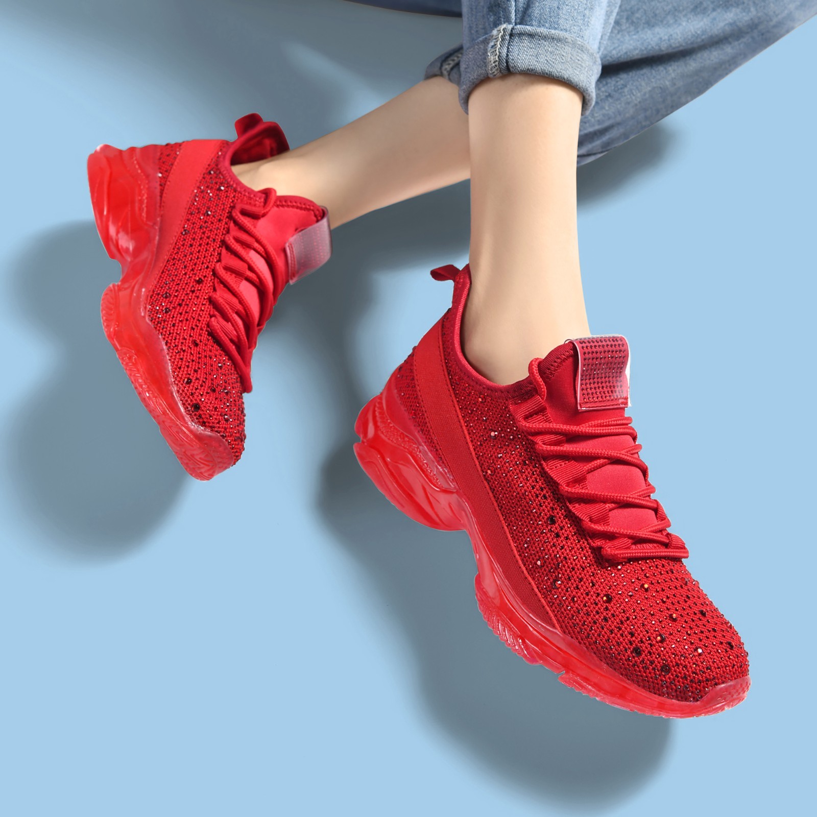 LUCKY STEP Women's Rhinestone Mesh Slip On Walking Shoes Fashion Glitter Sneaker