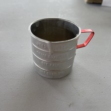 Metal Toy Measuring Cup with Red Handle and Embossed Measurements Vintage