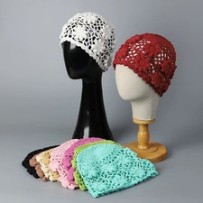 New Women Handmade Crochet Slouchy Beanie Knit Hat Elegant Flower Hollow Out Bre