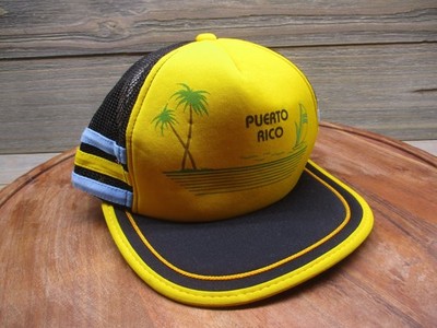 Vintage Puerto Rico Hat Cap Snap Back One Size Yellow Mesh Trucker Mens 80s