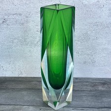 Murano Mandruzzato Sommerso Emerald Green Faceted Art Glass Vase 8.5  Italy
