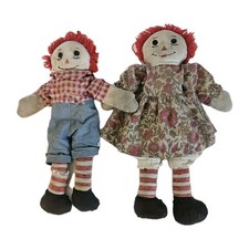 2 VTG Handmade Raggedy Ann  Andy Dolls Primitive Folk Art Decor c. 1940's 16"